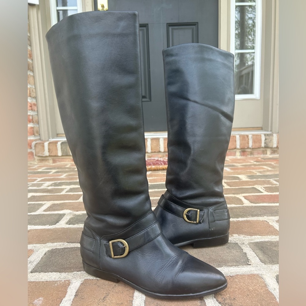 Vintage 80s black leather flat tall riding boots almond toe Brazil 5.5